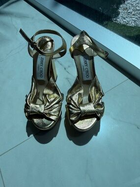Jimmy Choo Metallic Gold Knot-Front Ankle-Strap Sandals